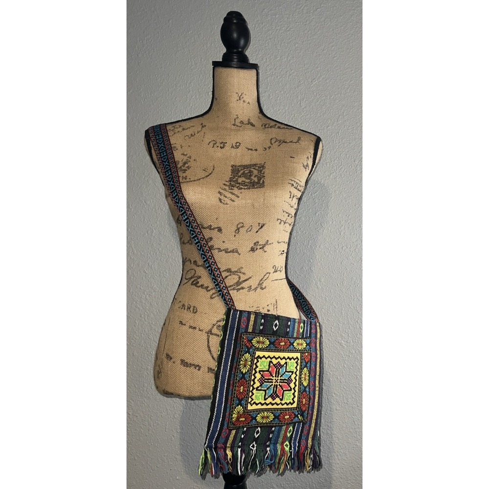 Boho Woven Crossbody Bag Hippie Festival Ethnic Tribal Fringe Adjustable Strap